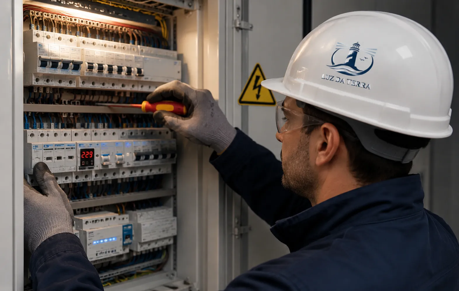 Electricista profesional en A Coruña realizando instalación y mantenimiento de cuadro eléctrico en vivienda o empresa.